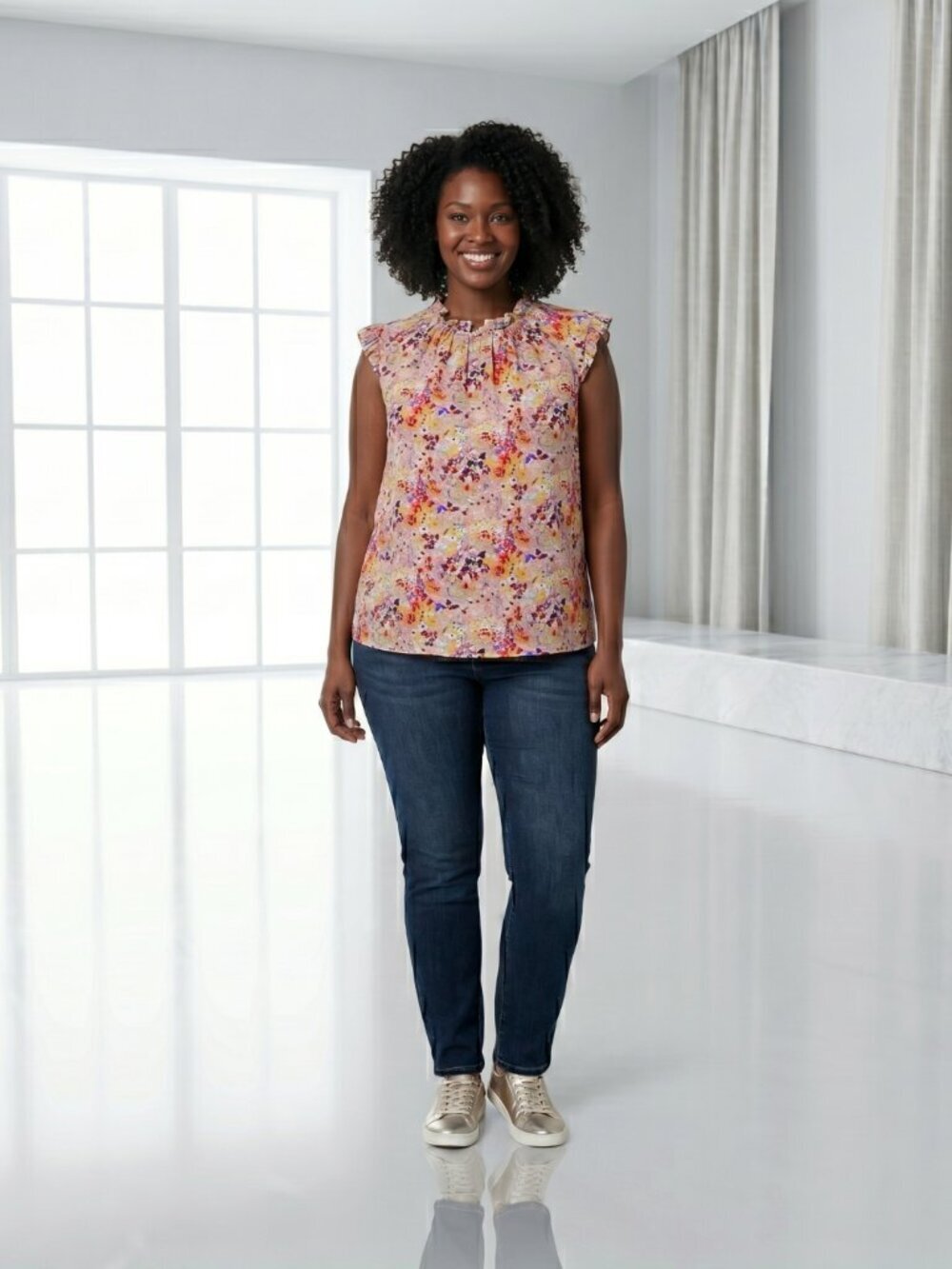 Adrianna Papell Floral Ruffle Neck Sleeveless Blouse Top Size XL